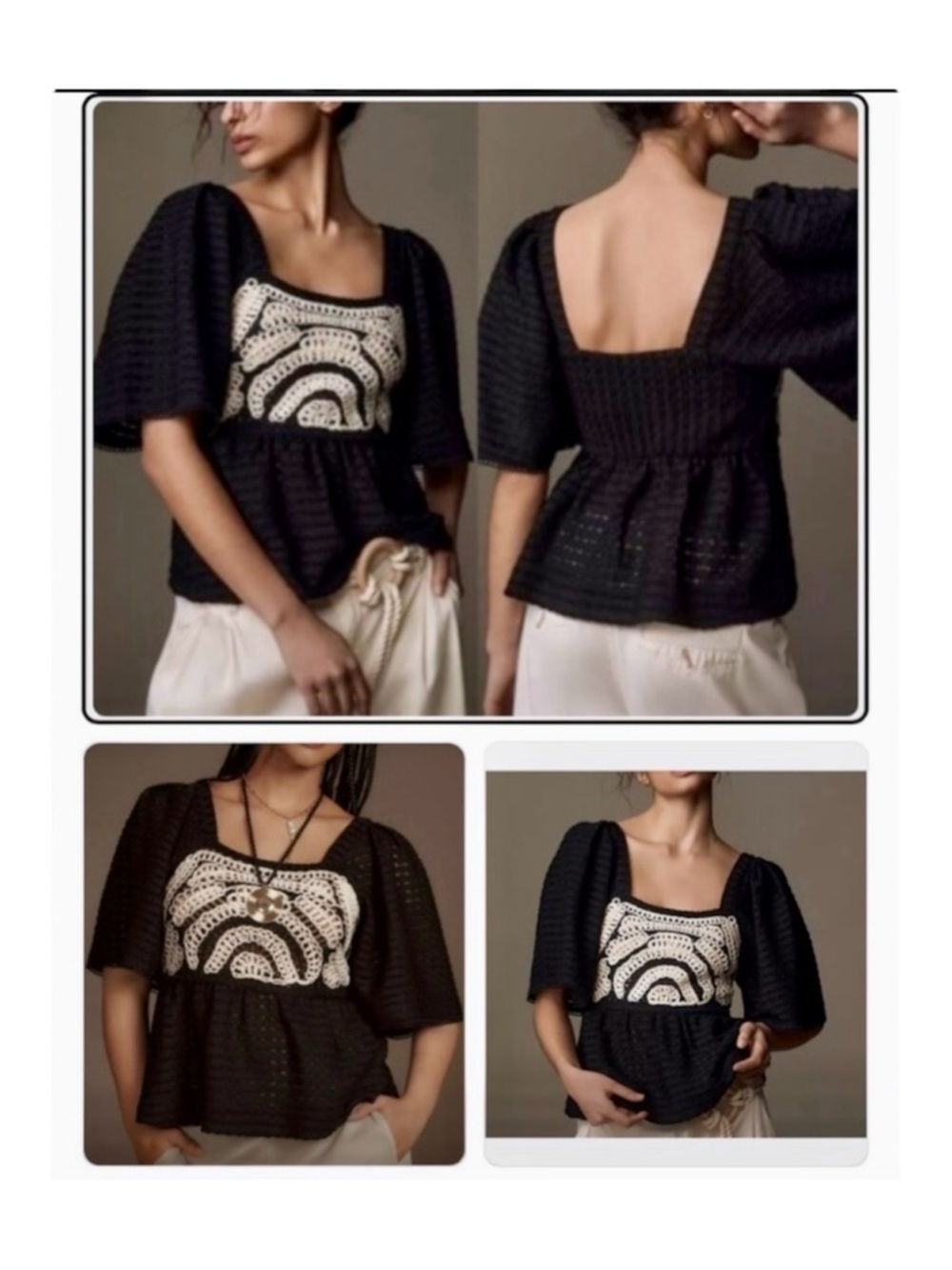 Anthropologie Sarah Hann NWT Embroidered Peplum Top Black Flutter Sleeve SP